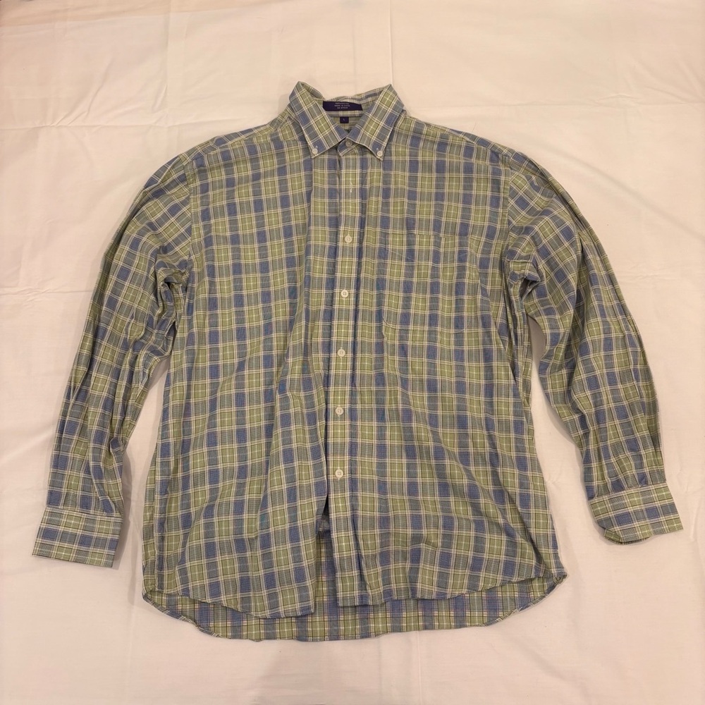 Alan Flassen Green and Blue Casual Button Down Shirt with Relaxed Fit